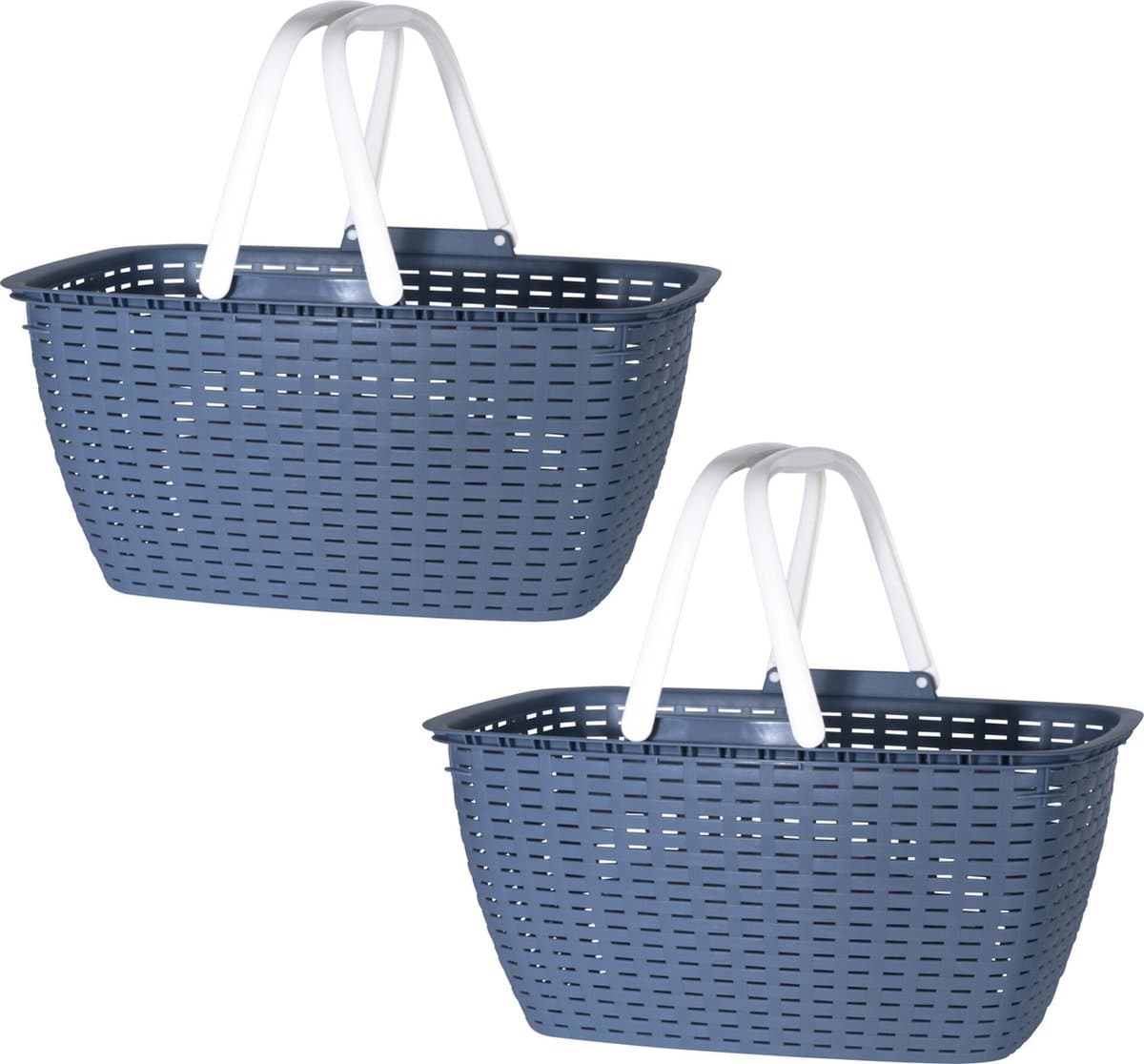 Wasmand met hengsels - 2x stuks - blauw/wit - 26 liter - L43 x B30 x H21 cm - boodschappenmand — afbeelding 1