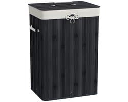 Daity Wasmand, wasbox, wasmand met deksel, canvas tas, bamboe, opvouwbaar, 72 liter, zwart, 40 x 30 x 60 cm