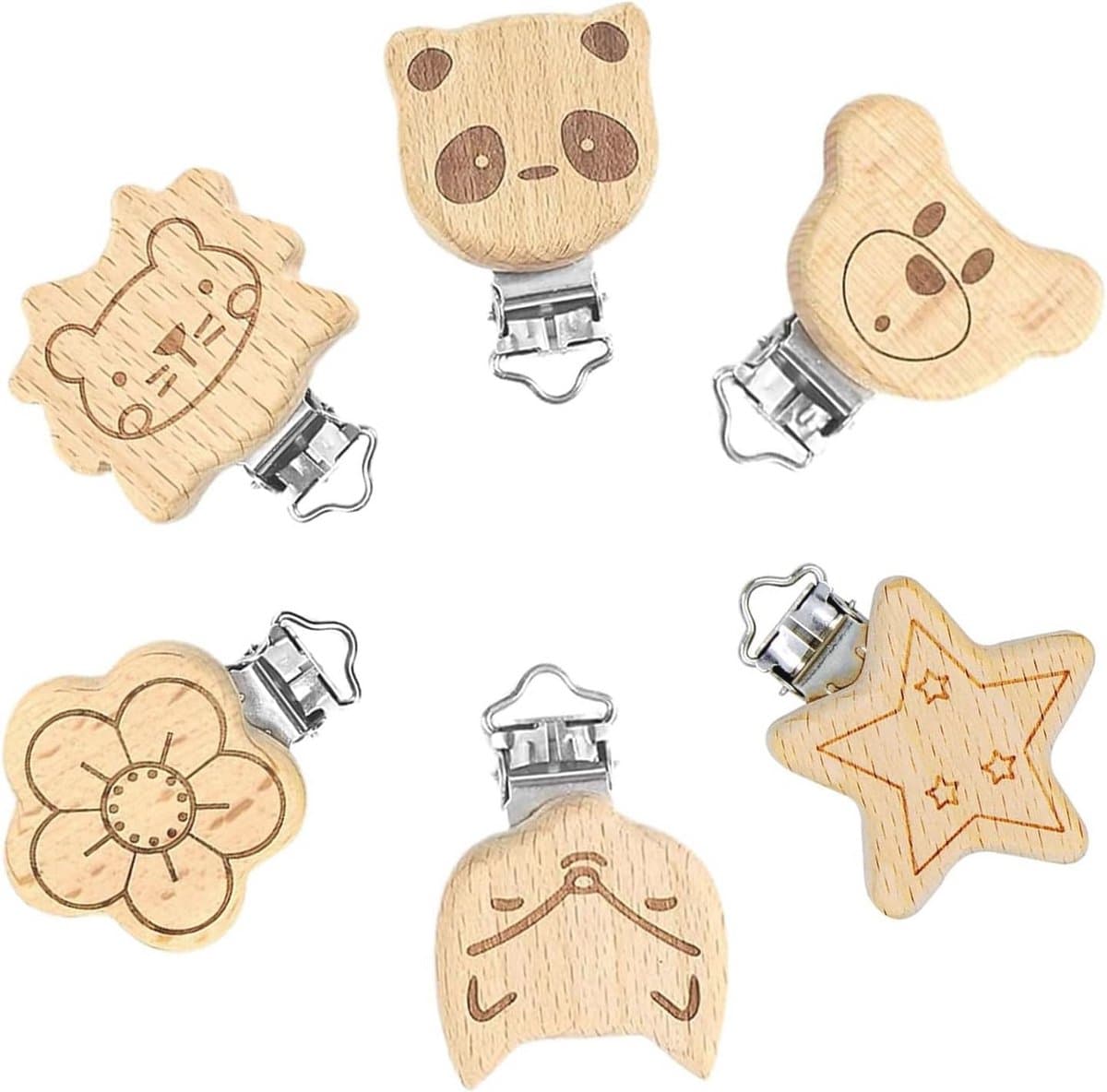 Fopspeenclip, 6 stuks, houten dieren, clips, accessoires, fopspeenclip, hout, speen clip voor baby en kinderen, babyfopspeen clips — afbeelding 1