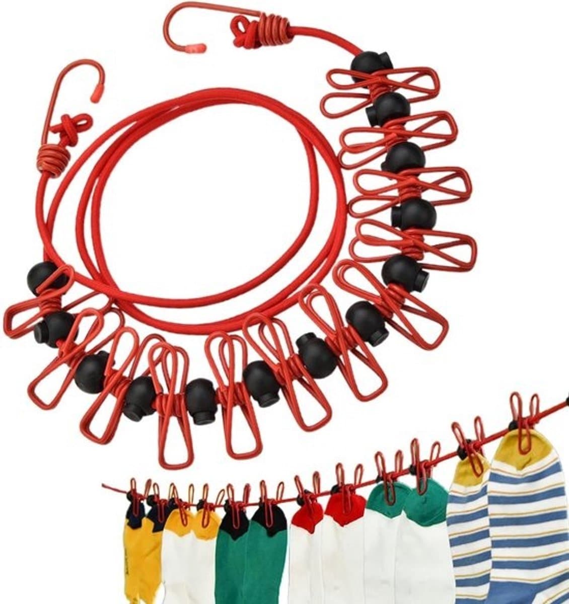 Waslijn met Clips - Reis Waslijn Drooglijn - Kleding Drogen - Winddicht Anti-slip - 1.7 meter - Rood — afbeelding 1