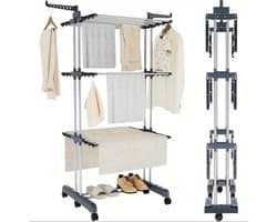 Noventra inklapbaar wasrek-wasrek staand-wasrek-op wielen-max 40 kg draagvermogen- 72/125 x 65 x 176 cm-ijzer-zilvergrijs-