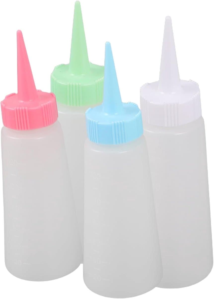 4 Stuks Delige Transparante Haarverf Knijpfles met Schaalverdeling Hervulbare Plastic Applicator Flessen in Blauw Wit Roze Groen voor Nauwkeurige Kleurmix Shampoo Dispenser Thuis — afbeelding 1