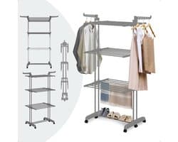 BAUER & MEYER® - Droogtoren met wieltjes - Inklapbaar poten - Incl. 20 wasknijpers - Wastoren - 173 x 75 x 63 cm - Grijs