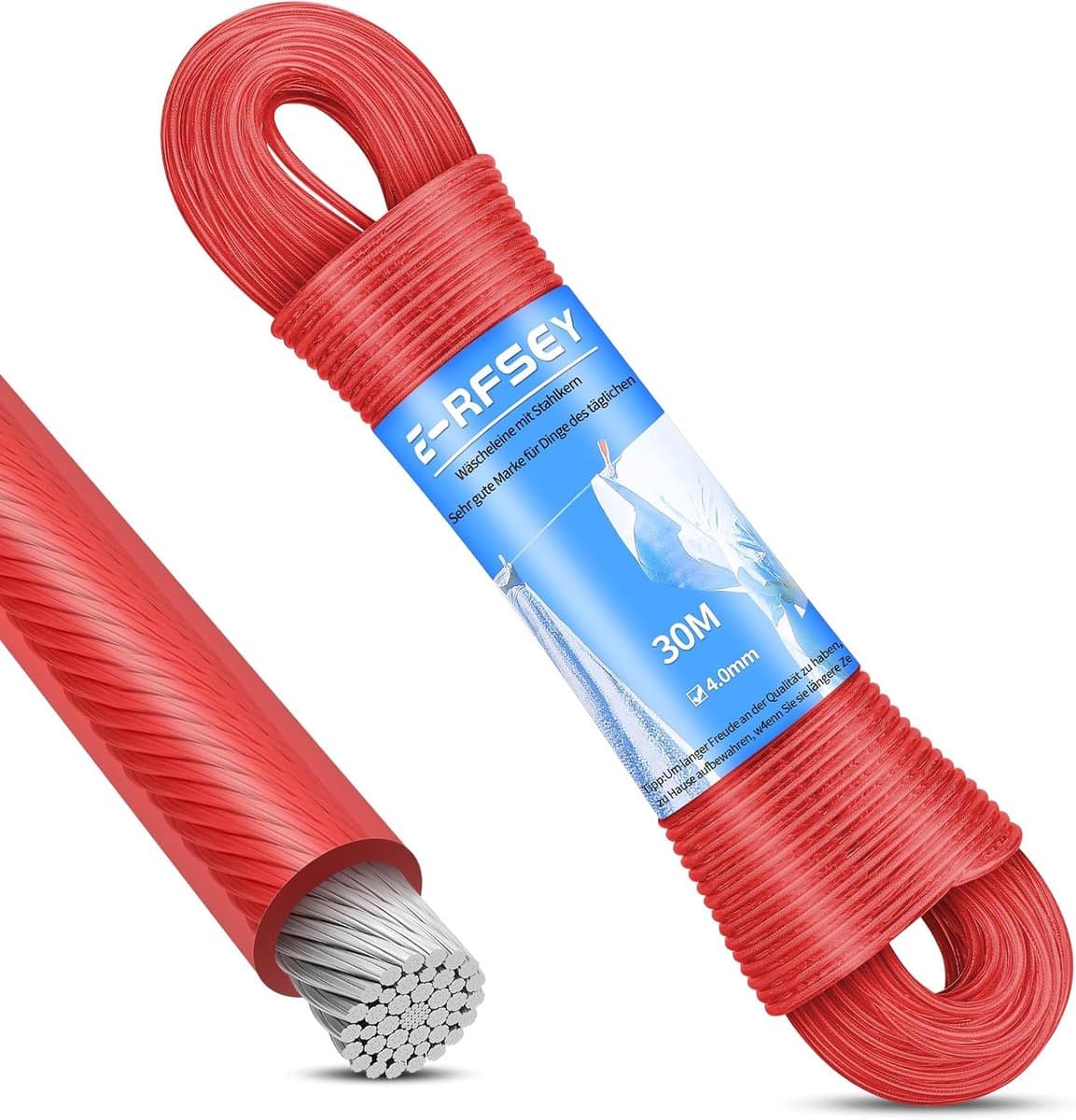 SnelShoppen - 30 m Waslijn Buiten met Stalen Kern, Robuuste Kledinglijn, Draagkracht 220 kg, Roestvrij, Waterdicht, Tuin, Rood, 4 mm Diameter — afbeelding 1