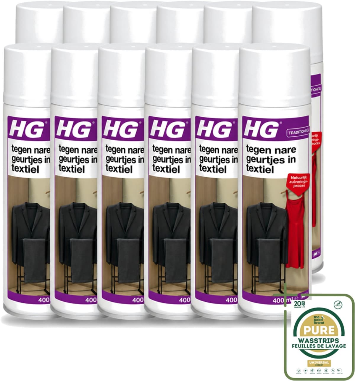 12 x HG - Tegen Nare Geurtjes In Textiel - Natuurlijk Zuiveringsproces - Veilig Voor Alle Textiel - 400 ml - Wasstrips - Geurverwijdering Textiel - Stankmoleculen Oplossen - Textiel Reinigen - Geur In Kleding - Geur In Gordijnen — afbeelding 1