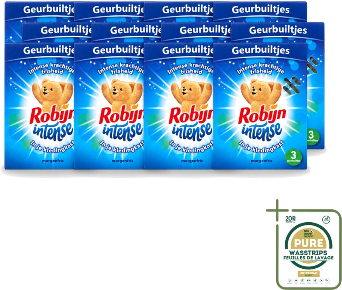 12 x Robijn - Intense - Geurbuiltjes - Langdurige Geur - Intense Frisheid - 3 Geurbuiltjes - Wasstrips - Geur In Kleding - Langdurige Geur - Frisse Geur - Geurbuiltjes - Kledingkast Geur — afbeelding 1