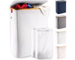 Wasmand met deksel & 2 compartimenten 150L Groot - Wasmand Ademend met stevig bamboe frame - inclusief uitneembare waszak Wasbaar - Wasmanden Waterdicht | Lichtgrijs