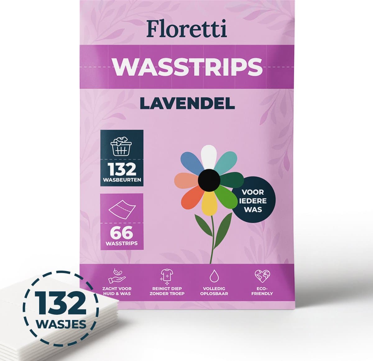 Floretti – Milieuvriendelijke Wasstrips – Lavendel – 132 wasbeurten – Wasstrips / Wasmiddeldoekjes / Wasdoekjes / Wasvellen / Laundry Sheets – Vegan – Voor alle kleuren en soorten was — afbeelding 1