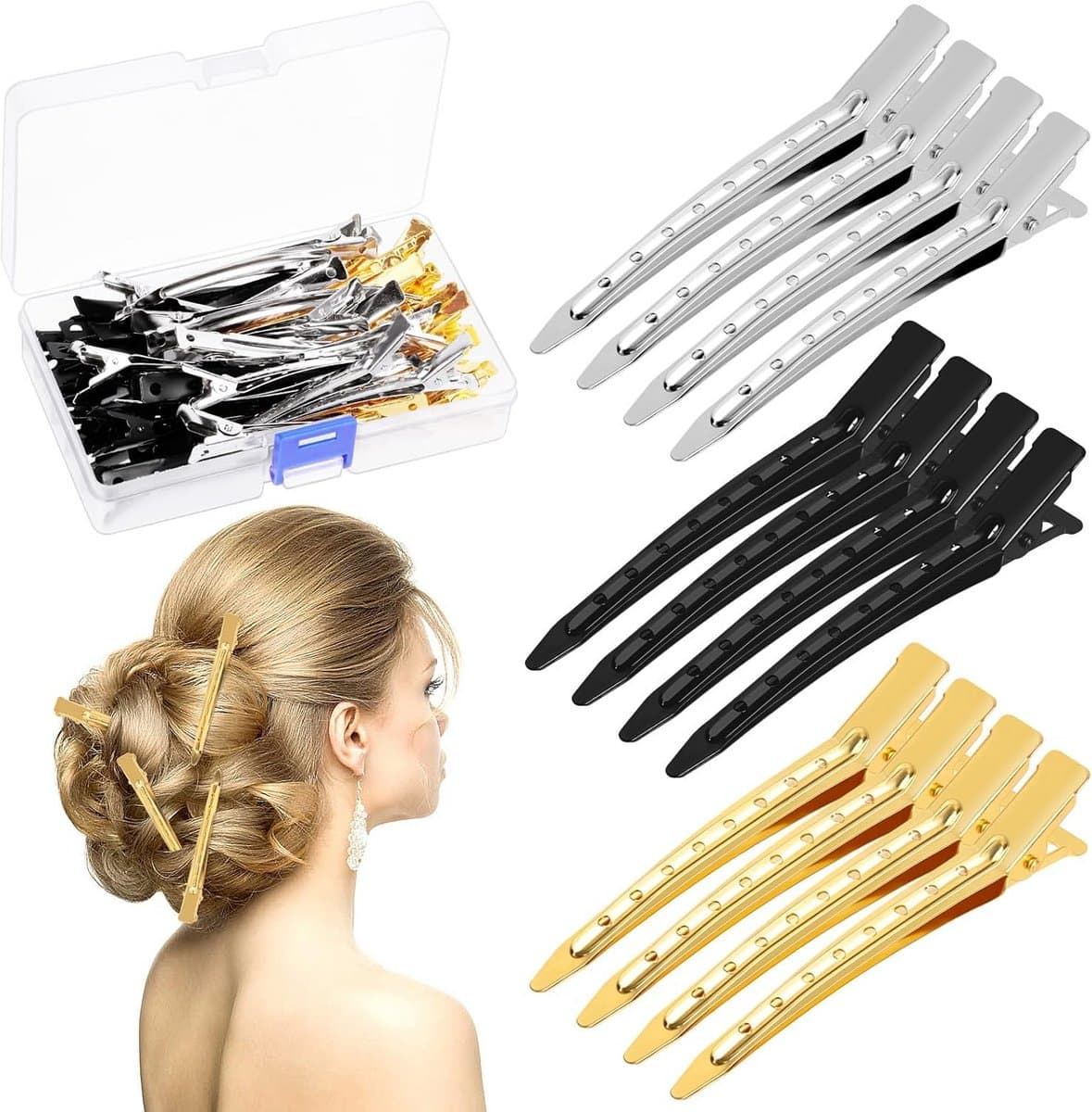 Haarclips Set - Krokodillenklemmen - Haar Stylen - Met Gaten - 95 cm 45 stuks - Zilver Goud Zwart — afbeelding 1