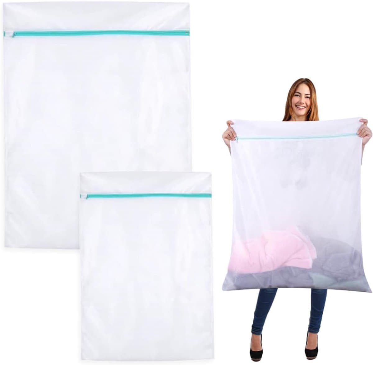 2 x Grote wasnet 60 x 80 cm + 90 x 110 cm Stevige polyester waszak met ritssluiting voor Jas Jurk - Beddengoed - Deken Laken - Quilt Tapijt - Gordijnen - Donsjack - Reisorganisator (wit)|Cyslmuk® — afbeelding 1