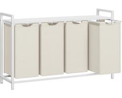 VASAGLE Wasmand 4 vakken, wasmand met plank, wasbox, waszak van uittrekbaar verwijderbare Oxford-stof, metalen frame, 4 x 40 L, 116 x 33 x 72 cm, wit