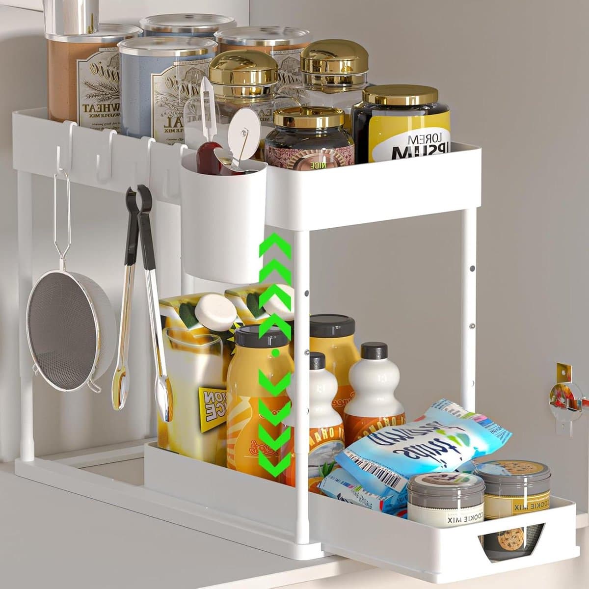Uittrekbare kastorganizer - 2 verdiepingen - keuken - 4 haken - hangbeker - opheffen wastafel rek Wasmachine rek — afbeelding 1