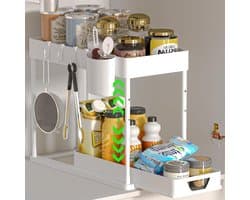 Uittrekbare kastorganizer - 2 verdiepingen - keuken - 4 haken - hangbeker - opheffen wastafel rek Wasmachine rek