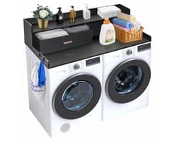 Wasmachine Ombouw met Lade & Opbergrek – Wasdroger Aanrecht – Wasmachine Verhoger met Werkblad en Haken – Wasruimte Organizer – 134x70 cm – Zwart — afbeelding 1
