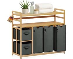 Bamboe wasmand 188 l, met 2 waszakken en 2 opbergdozen, 5-voudige wassorteerder met dubbele plank, wasverzamelaar voor badkamer, slaapkamer en bijkeuken, donkergrijs