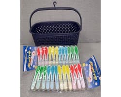 Wasknijpermand - Kleine mand - Wassen drogen - Inclusief 24 knijpers - 22.5 x 15 x 14 cm - Ecru donkerblauw
