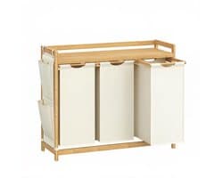 Wasmand vuile was sorteermand opbergmand 94×33×78 cm naturel houtkleur + beige 150L grote capaciteit 3 vakken met afneembare binnenvoering, opbergrek en zijvak stevig en duurzaam bamboeframe geschikt voor badkamer, wasruimte en slaapkamer