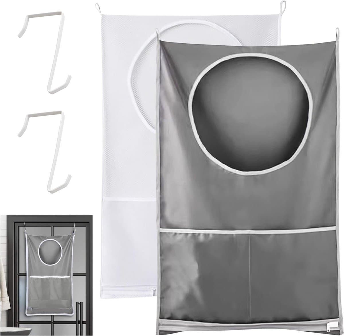 Hanging waszakken set van 2, 77x50cm, wasmanden voor het ophangen van kleding, inclusief roestvrijstalen en zelfklevende haken voor thuisgebruik — afbeelding 1