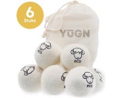 YUGN Eco Set 6 Stuks XL Drogerballen Wol - 100% Schapenwol - Inclusief Opbergzakje - Wasdrogerballen