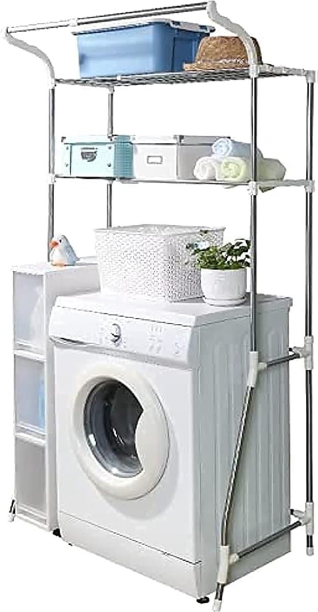Opbergplank Toilet Boven de Wasmachine - Opbergrek Badkamer Ruimtebespaarder - 2 Planken Wasruimte Organizer met Ophangstang - Eenvoudige Montage - Verstelbare (62-101) x 173 x 48 cm Ivoor Wasmachine rek — afbeelding 1