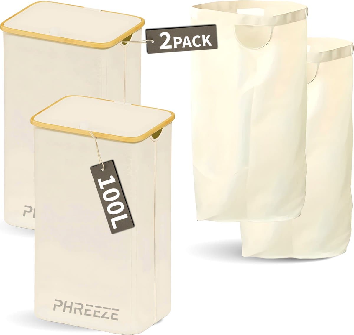 Wasmand met Waszak - 100L - Groot formaat - Wasmand met deksel - Sterk materiaal - Wassorteerder - 2 Stuks - Beige — afbeelding 1