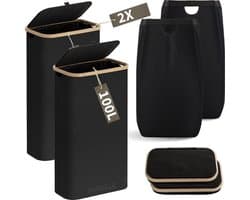 Wasmand met Waszak - 100L - Groot formaat - Wasmand met deksel - Sterk materiaal - Wassorteerder - 2 Stuks - Zwart