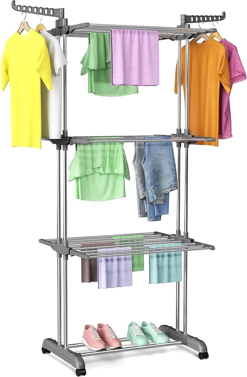 Igoods Wasrek - Droogrek - Kledingrek - Inklapbaar Wasrek - Opvoubare Vleugels - 3-Laagse Droogrek - Grijs — afbeelding 1