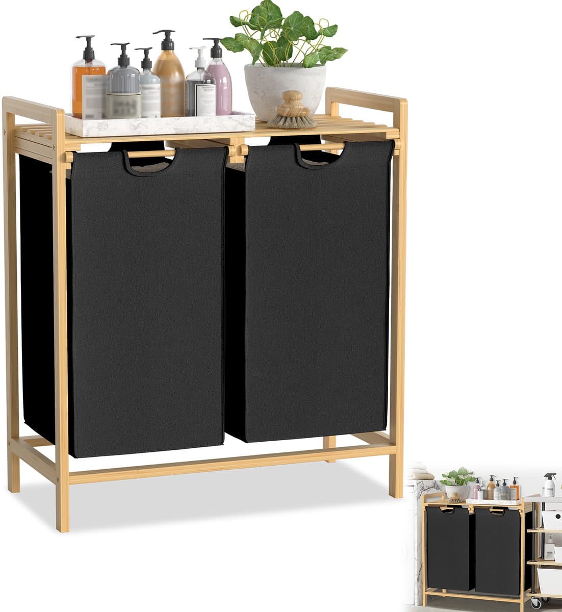 Froadp Wasmand bamboe frame 2 vakken 36 l 73 x 64 x 33,5 cm Wasmand met opbergvak Waszak Wasbox van Oxford-stof Wasbak houten waszakken voor wasruimte slaapkamer - zwart — afbeelding 1