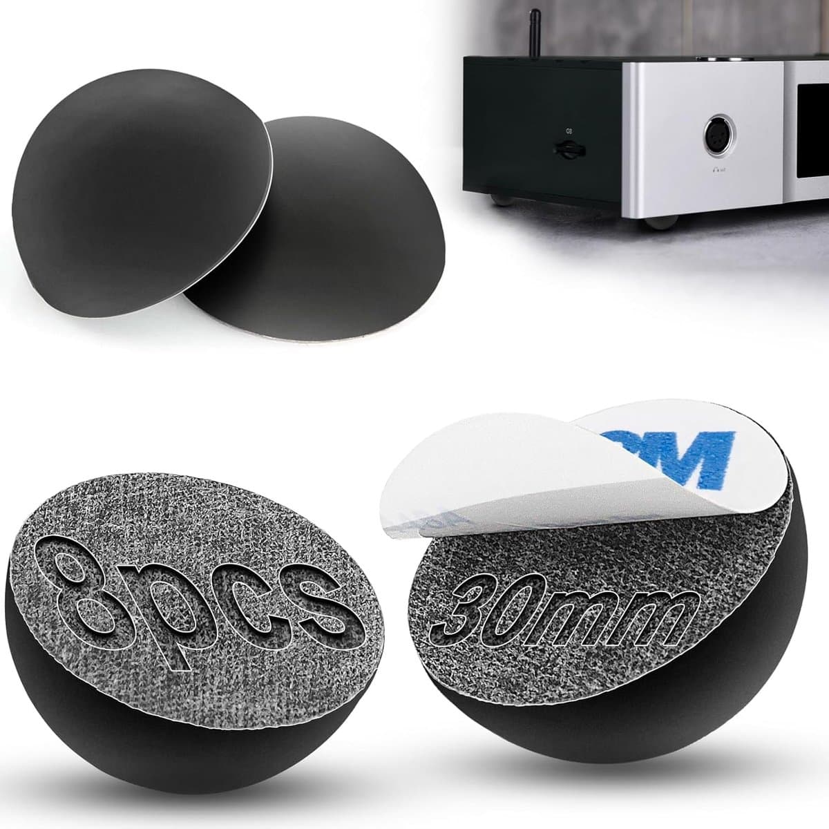 8x Zelfklevende Rubber Voetjes 30mm Zwart voor Luidsprekers, Elektronica & Meubels — afbeelding 1