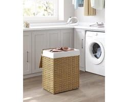 wasmand handgeweven, 90 L, wasmand gemaakt van synthetisch rotan, met deksel en handvatten, opvouwbaar, waszak afneembaar, natuurlijke kleur LCB51NL
