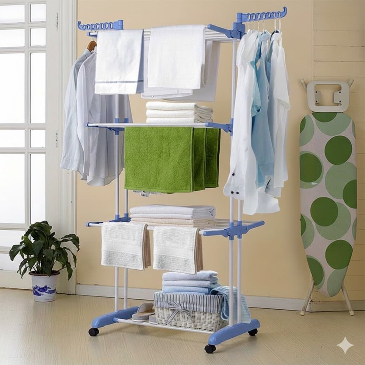 4-Laags Opvouwbaar Wasdroogrek Blauw/Wit – Met Wielen – Ruimtebesparende Wasdroogtoren met 6 Vleugels – Stevig Metalen Frame — afbeelding 1