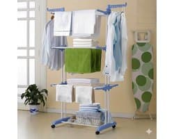 4-Laags Opvouwbaar Wasdroogrek Blauw/Wit – Met Wielen – Ruimtebesparende Wasdroogtoren met 6 Vleugels – Stevig Metalen Frame