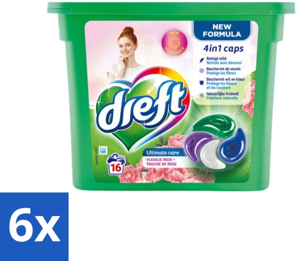 6 x Dreft - Nieuwe Formule - Wasmiddelcapsules 4in1 - Witte en Gekleurde Was - Vleugje Roze - 16 Wasbeurten - Wasmiddelcapsules - Wascapsules - Wasmiddel - Waspoeder - Kleurbescherming — afbeelding 1