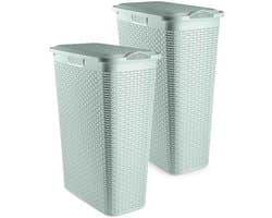 Plasticforte Smalle Wasmand met deksel Rotan - 2x - groen - gevlochten kunststof - 48 liter - 27 x 46 x 60 cm