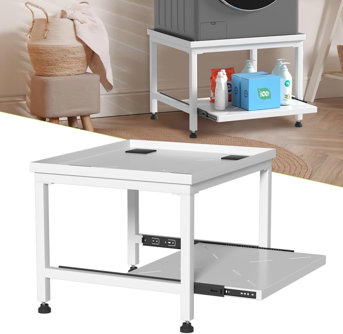 Wasmachine Verhoger Met Uitschuifbare plank - Wasmachine opbouwmeubel - Wasmachine Sokkel - 63x54x45.5cm - Wit — afbeelding 1