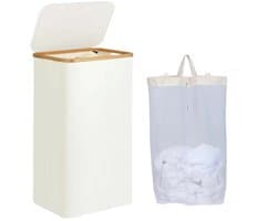 Noventra - Wasmand 100 Liter - Wasmand met Deksel - Wasmand met Waszak - Bamboe Rand - Opvouwbaar - Wasgoed Wasmand - Kledingmand - Wasmand Badkamer - Wit