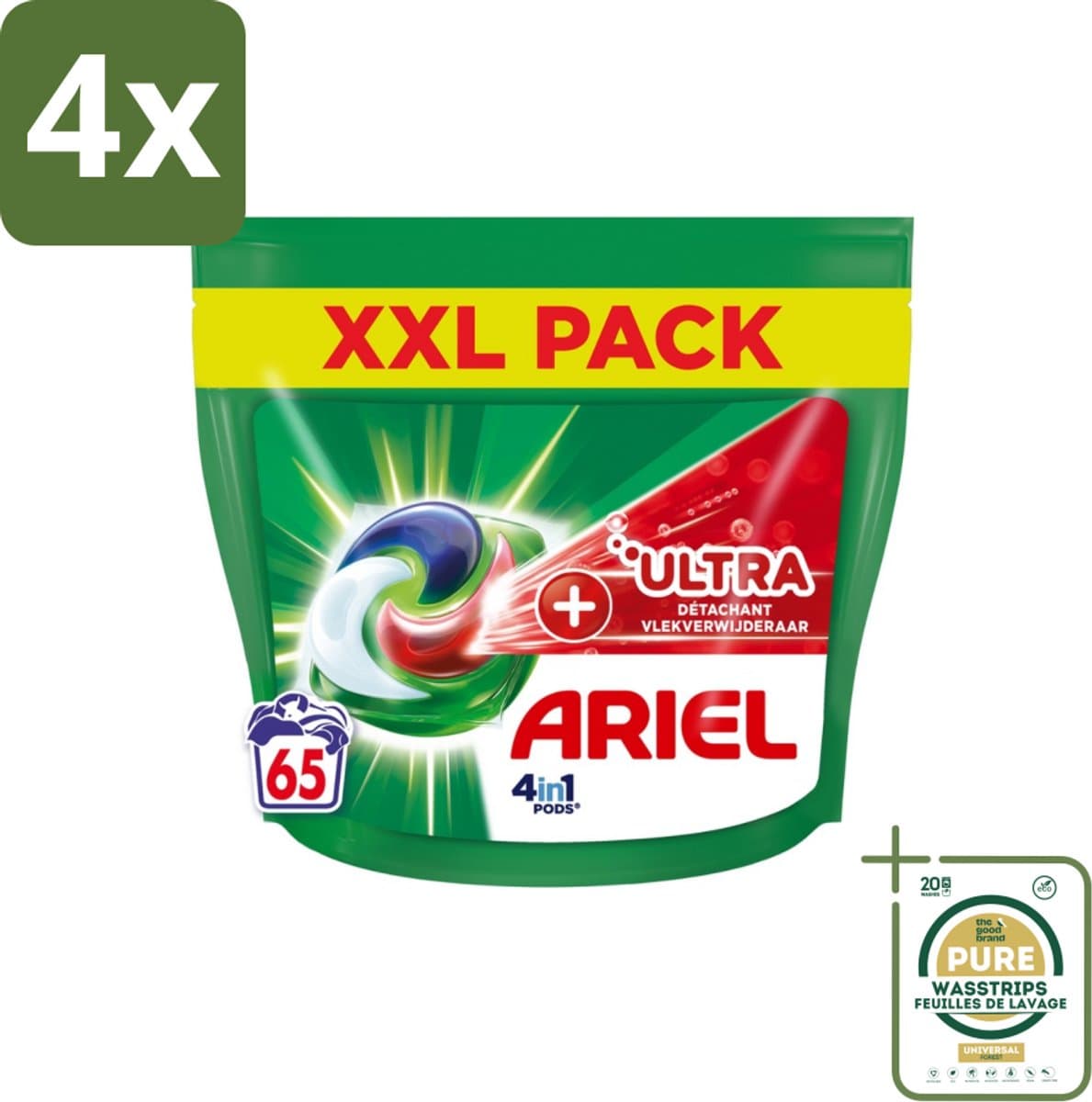 Ariel – 4in1 Pods – Ultra Vlekverwijderaar – 65 wasbeurten - Voordeelverpakking - 4 stuks - Krachtige waspods - 4in1 pods — afbeelding 1