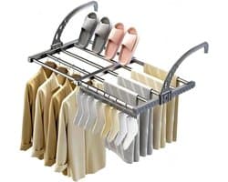 Wasrek Hangend Trapgat - Uitschuifbaar kledingrek - Wandkledingrek - 38-55 cm - Verstelbare lengte - Opvouwbaar - Gemakkelijk op te bergen - Ruimtebesparend - Geschikt voor deuren, balkons en radiatoren - Zwart - 1 stuk