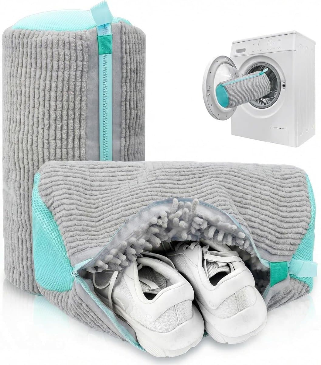 Schoenwaszak voor wasmachine – Herbruikbare microvezel sportschoen waszak – Chenille binnenborstel – Zelfsluitende rits – Beschermt schoenen en wasmachine – 2 stuks – Grijs — afbeelding 1