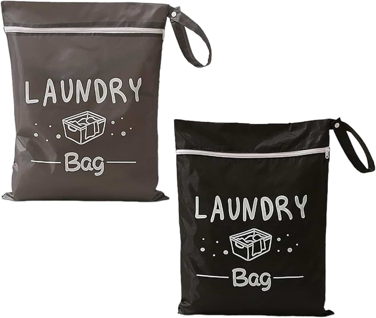 2 stuks waszak voor op reis, 49 x 38 cm, middelgrote kledingtas, opslag van Oxford-stof, waterdichte vuile waszak met ritssluiting, grijs en zwart, waszak voor reizen en dagelijks gebruik — afbeelding 1
