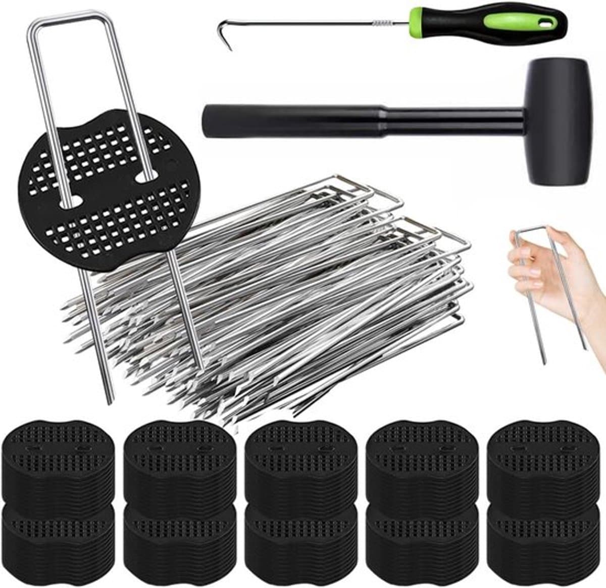Onkruiddoek Set - 100 Grondpennen 150x40x3mm - 100 Sluitringen - Anti-Roest - Compleet Accessoireset - Voor Tuinen - Grondankers — afbeelding 1