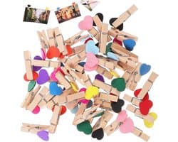 Houten Knijpers - Mini Clips - Foto's Ophangen - Hartvormig Design - 50 Stuks - Houtkleur