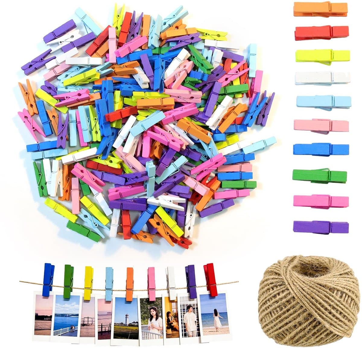 Solidchoice- Mini-houten Klemmen 200 Stuks - Kleine Wasknijpers - Jute Koord 30 m - Kleurrijke Fotoclipset - Robuust Hout - Veilig en Aangenaam Werken — afbeelding 1