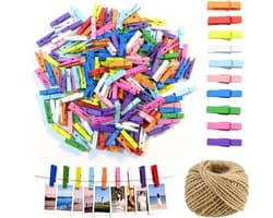 Solidchoice- Mini-houten Klemmen 200 Stuks - Kleine Wasknijpers - Jute Koord 30 m - Kleurrijke Fotoclipset - Robuust Hout - Veilig en Aangenaam Werken