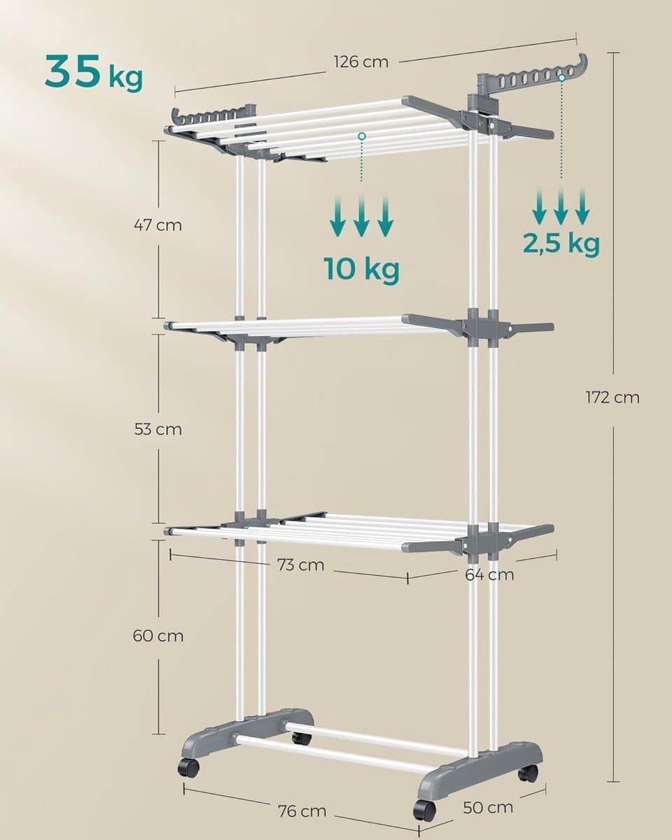 SONGMICS Grote wasdroger, opvouwbaar droogrek met 4 lagen, beweegbare waspaal, 64 x 126 x 172 cm, roestvrij staal, vouwvleugels, eenvoudig monteren, geschikt voor binnen en buiten — afbeelding 1