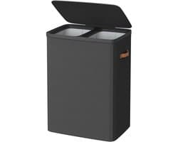 Wasmand Waszak 56x40x75cm zwart 170 liter (44,9 gallon) Grote capaciteit opbergmand Dubbele compartimenten Met afneembare binnenzakken Deksel en handgrepen Kleding sorteersysteem Geschikt voor badkamer en wasruimte