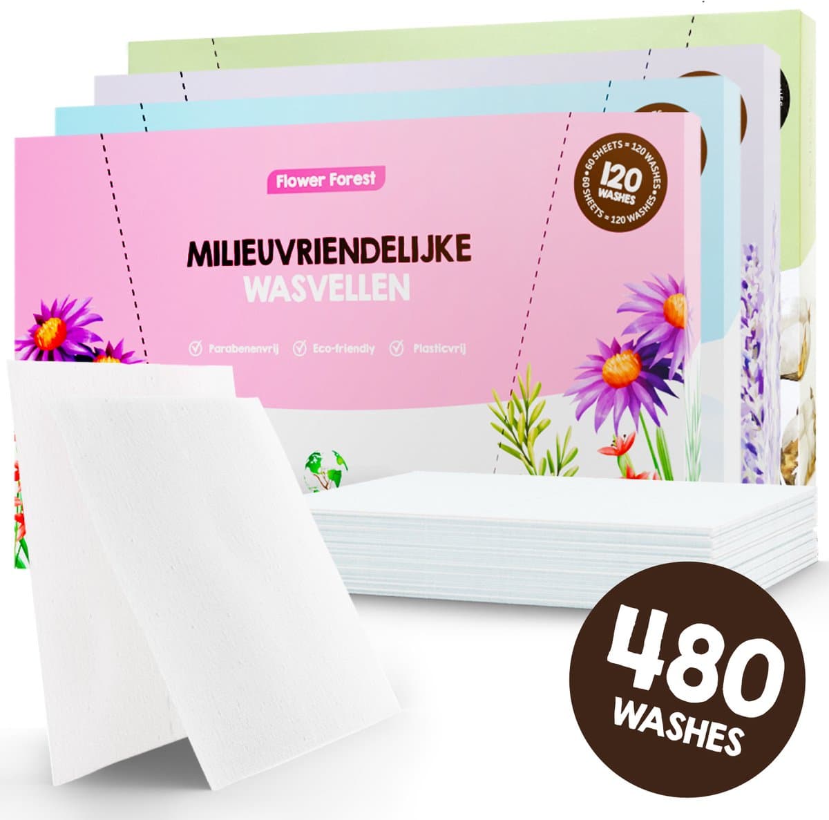 Proefpakket Wasstrips ECO 480 Wasbeurten in 4 Geuren Milieuvriendelijke Wasmiddeldoekjes Wasvellen Wasmiddel Voordeelverpakking incl. wasverzachter wasdoekje — afbeelding 1