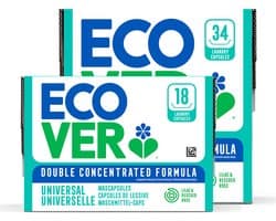 Ecover Universal - Waspods - 18 + 34 stuks - 3-in-1 werking - Dubbel geconcentreerde formule - Plantaardig & Biologisch afbreekbaar