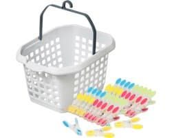 Wasknijpers ophang mandje/bakje - wit - met 40x plastic soft grip knijpers — afbeelding 1