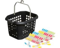 Wasknijpers ophang mandje/bakje - zwart - met 40x plastic soft grip knijpers — afbeelding 1
